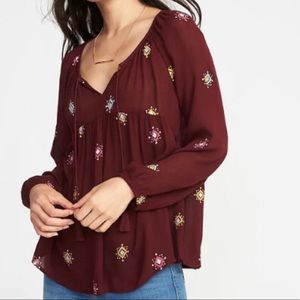 Old Navy Boho Print Tassel Tie Burgundy Top